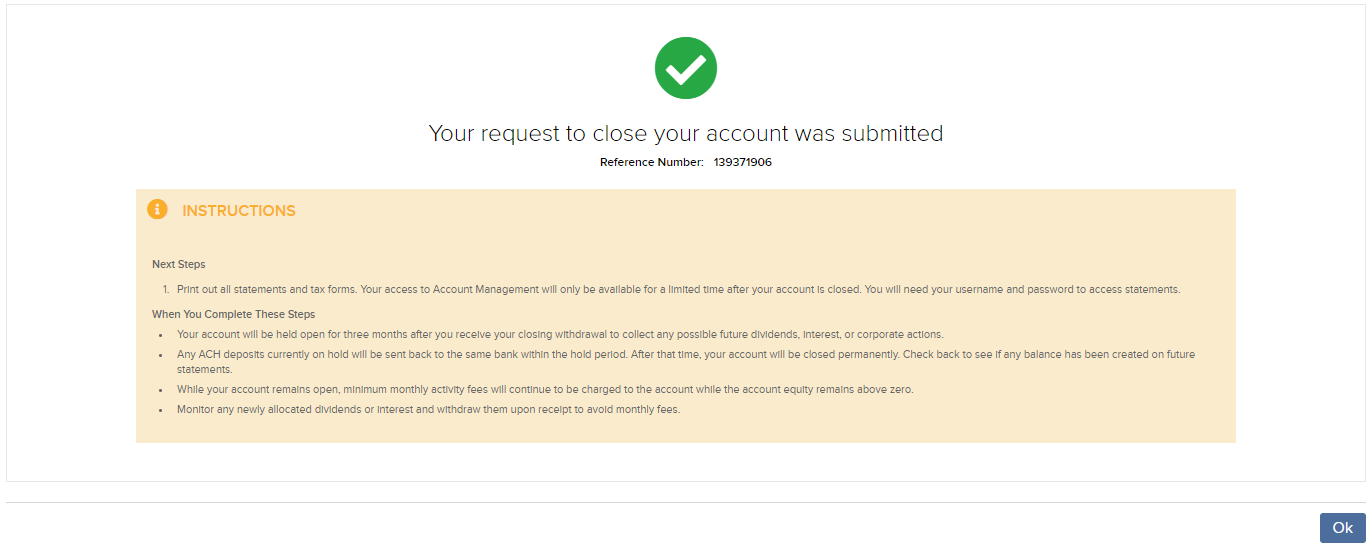 The request to close account submitted page in advisor portal. 